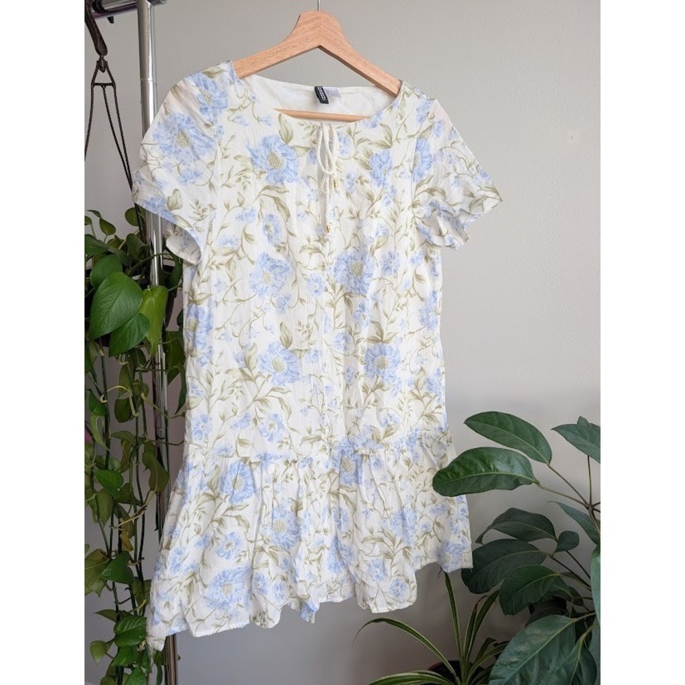 100% Cotton White floral dress S boho tiered Divided short sleeve ruffle cottage